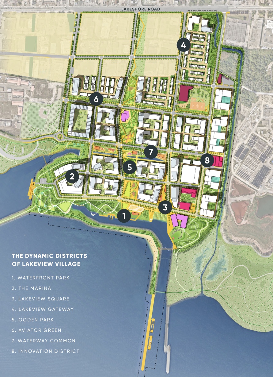 Illustrated plan of the Lakeview Village waterfront districts